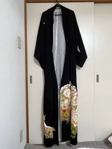 블랙 새 자수 롱 기장 기모노