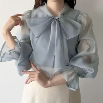 mipiarl 시어 캔디 슬리브 보타이 블라우스 라이트 블루 XL