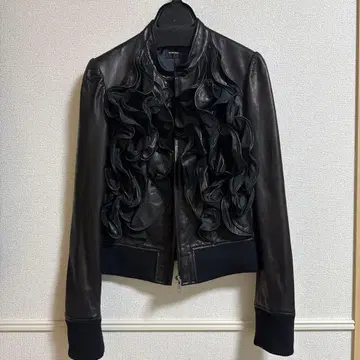 LE CIEL BLEU 램 가죽 노카라 프릴 천연 가죽 자켓