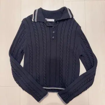 ZARA 파이핑 니트 폴로 스웨터 마린 블루 M