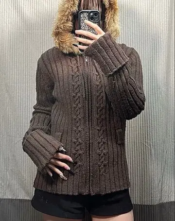 브라운 케이블 짜임 니트 퍼 포함 그런지 y2k 페어리 그런지