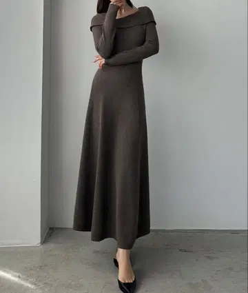 Louere 아지메 오프숄더풍 니트 플레어 원피스 차콜 M