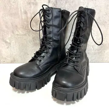 새상품급 통굽 레이스업 미들 부츠 블랙 사이드 지퍼