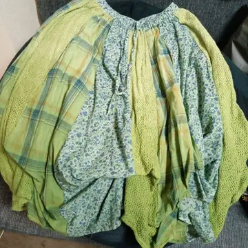 플레어 롱 스커트 그린 계열 체크 무늬 꽃무늬