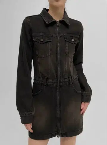 BLACKUP 다크 그레이 허쉬 데님 지퍼 미니 원피스