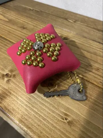 천연 가죽 스퀘어형 코인 케이스 스터드 코인 케이스 키링 핑크색