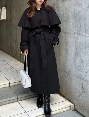 블랙 케이프 스타일 롱 코트