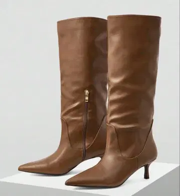 브라운 가죽 롱 부츠 사이드 지퍼