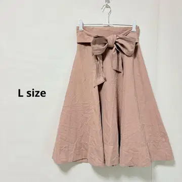 플레어 스커트 L 핑크 스웨이드 느낌 리본 미디 기장 허리밴딩