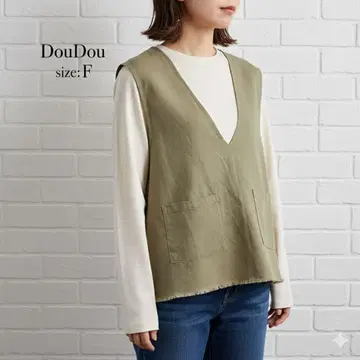 DouDou 린넨코튼 프린지 베스트 V넥 카키