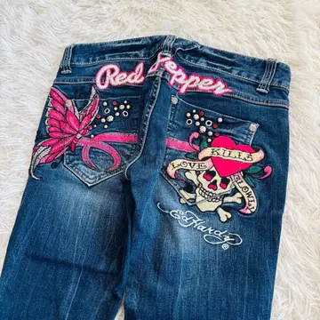 레어 에드 하디 레드 페퍼 콜라보 데님 팬츠 Y2K 해골 26