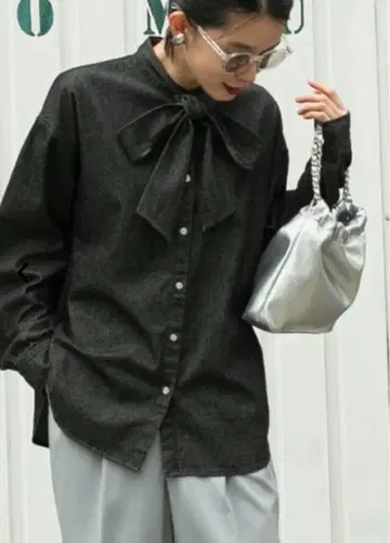 Coen 2WAY 보타이 데님 셔츠 블라우스 블랙 M