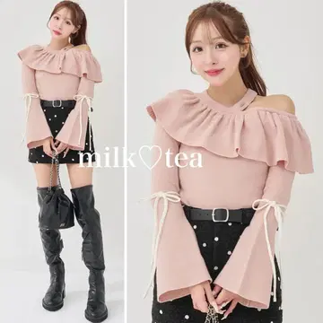 택 포함 새상품 다리치 벨 슬리브 프릴 니트탑 핑크