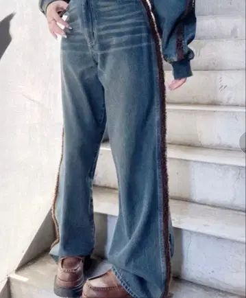 EVRIS 보아 스티치 와이드 데님 팬츠