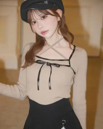 michellMacaron 미셸 마카롱 체크 파이핑 리본 니트