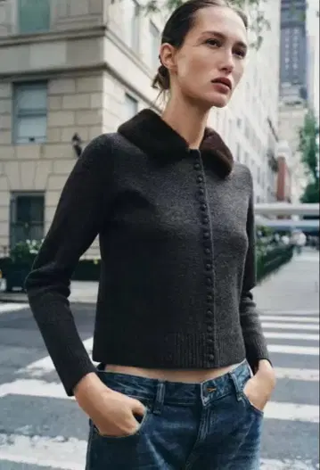 완판템 ZARA 인조 모피 라펠 니트 자켓 퍼 M 신상 자라