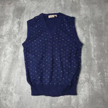 90s THE FOX 아크릴 도트 꽃무늬 니트 베스트 네이비