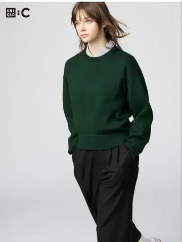 UNIQLO 다크 그린 스무스 코튼 크루넥 스웨터