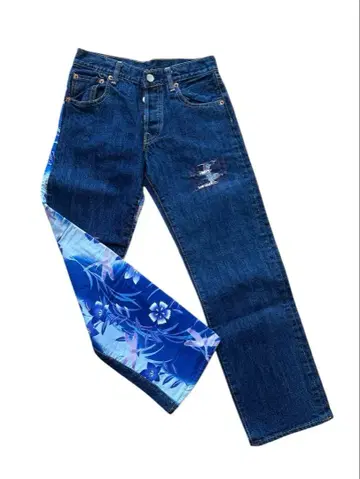 꽃무늬 디자인 데님 팬츠 S 사이즈 상당 일본풍 패턴 블루 올 패턴