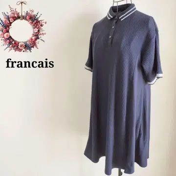 프랑세즈 폴로 원피스 와플 소재 마린풍 라인 배색 반팔 플레어 L