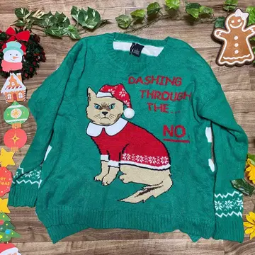 빈티지 크리스마스 고양이 패턴 니트 스웨터