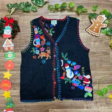 레어 빈티지 크리스마스 산타클로스 눈사람 패턴 니트 베스트