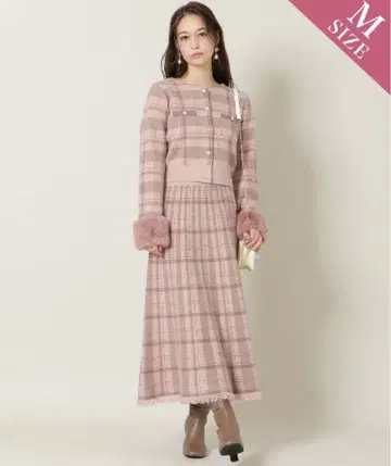 윌 셀렉션 체크 무늬 니트 플레어 스커트 핑크 M