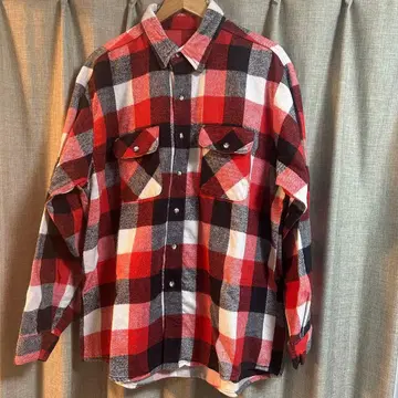 90s 빨검 블록 체크 플란넬 셔츠 USA제