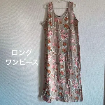 구제 의류 꽃무늬 슬리브리스 롱 원피스 여성용 원피스 베이지