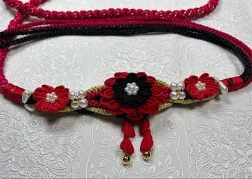 b-138 순수 실크 허리띠 후리소데 성인식 펄 츠마미자이쿠 빨간색 블랙