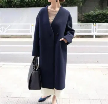 네이비 롱 코트 울 혼방 Noble