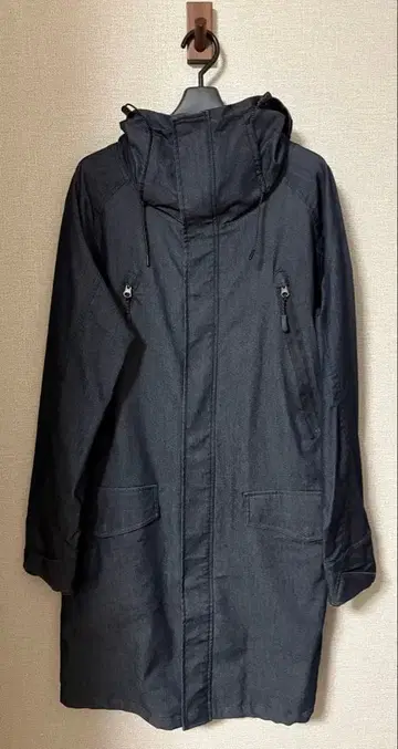 다크 블루 후드 부착 롱 기장 후드티 L