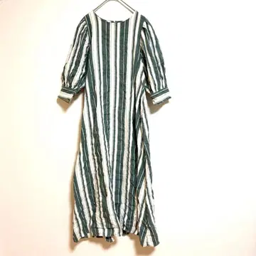 [ 고베 레터스 ] 스트라이프 원피스 퍼프 슬리브 롱 스커트 면 린넨
