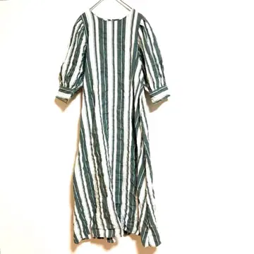 [ 고베 레터스 ] 스트라이프 원피스 퍼프 슬리브 롱 스커트 면 린넨
