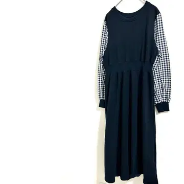 퍼프 슬리브 소매 롱 원피스 깅엄 체크 네이비 FREE 사이즈