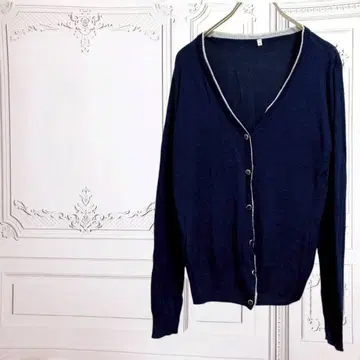 가디건 긴팔 V넥 니트 [ S~M ] 네이비/네이비 레이온 얇은 소재
