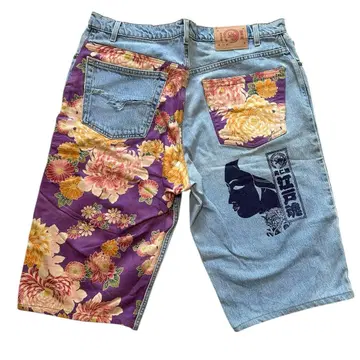 에도혼 꽃무늬 데님 하프 팬츠 일본풍 패턴 올 패턴 숏팬츠 빅 사이즈 L