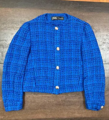 ZARA 노카라 자켓 파랑 EUR USA XS 포켓 트위드풍