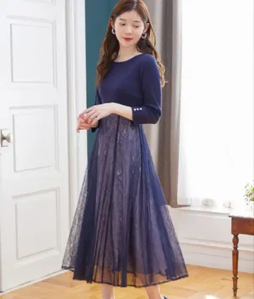 토코 클로젯 리본&펄 장식 절개 레이스 도킹 원피스