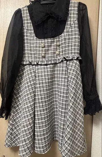 체크 무늬 미니 원피스 (긴팔, 리본 포함)