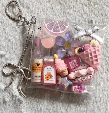 가챠 파우치 [ 미니미니 곰돌이 크레이프 핑크 퍼플 계열 ]