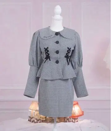 pium 레이스업 리본 상의 하운드투스 체크 미니 스커트 셋업