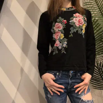 헤이세이 레트로 Y2K 장미 자수 둥근넥 니트