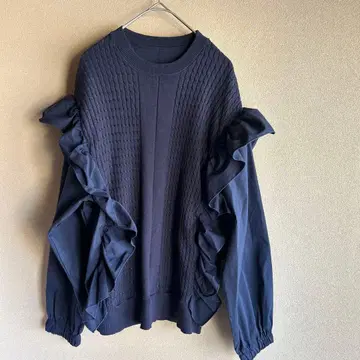 새상품급 페넬 프릴 달린 이소재 믹스 네이비 긴팔 셔츠 블라우스