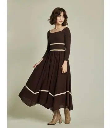 Lily Brown 니트 직물 도킹 원피스 브라운 코튼 롱