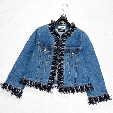 새상품급 코헨 데님 자켓 노카라 프린지 트위드 로고 버튼