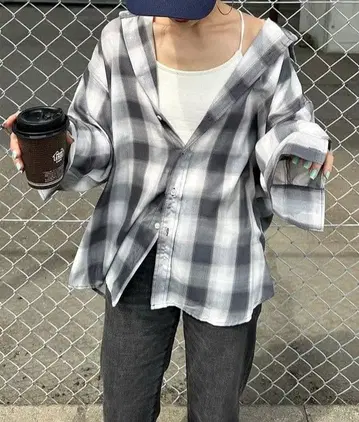 옴브레 체크 오버사이즈 레귤러 카라 셔츠