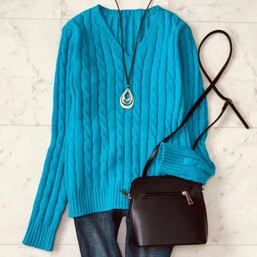 새상품급 JENNE V넥 케이블 니트 터콰이즈 L