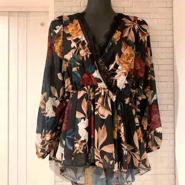 TITS 이탈리아제 카슈쿨 블라우스 상의 대담한 꽃무늬 시스루 소매