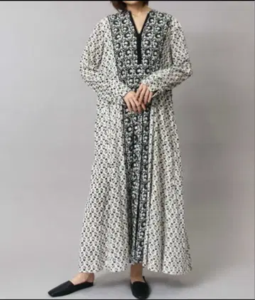 누키테파 코튼 자카드 콤비 프린트 패널 드레스